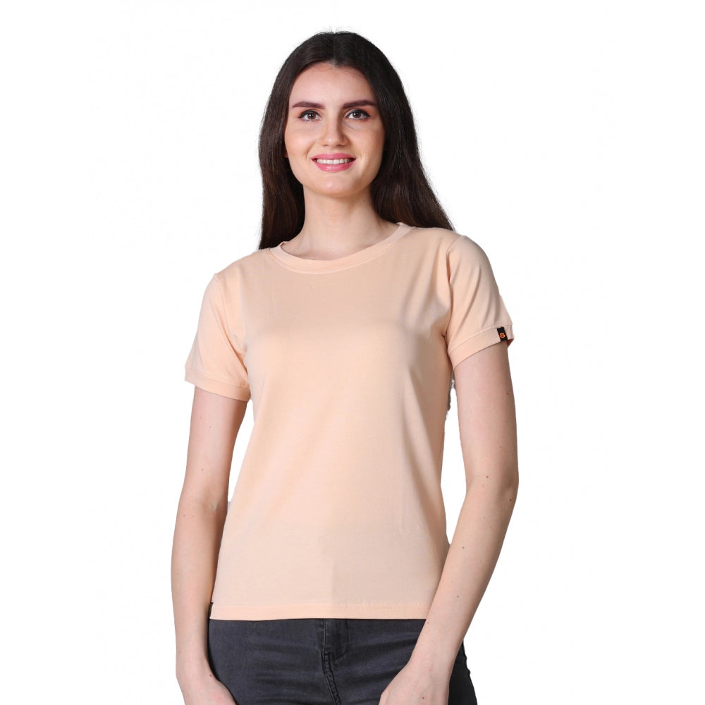 The image depicts a peach womens cotton blended half sleeve round neck t-shirt