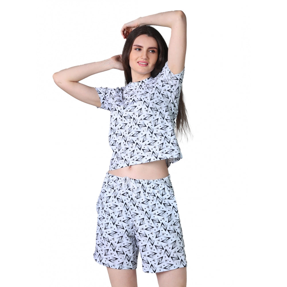 White-Black cotton blended printed round neck half sleeve top with shorts set - fashionable women's casual wear set