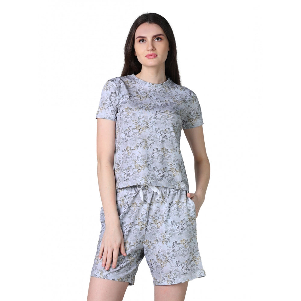 Grey cotton blended printed round neck half sleeve top-shorts set for women, stylish casual wear