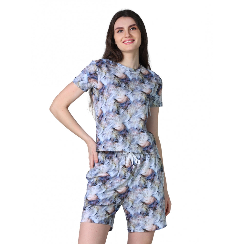 Blue-Peach cotton blended printed round neck half sleeve top-shorts set for women, vibrant pattern on display
