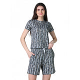 Multicolor cotton blended printed round neck half sleeve top-shorts set for women, vibrant pattern on casual clothing
