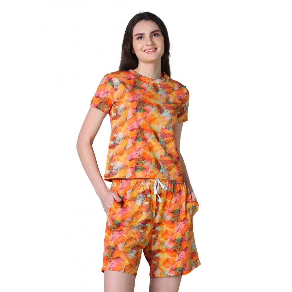 Yellow cotton blended printed round neck half sleeve top-shorts set, vibrant pattern for women's fashion