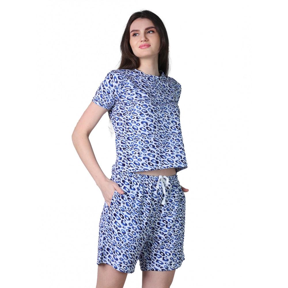 Blue cotton blended printed round neck half sleeve top-shorts set, vibrant patterns for women's casual wear