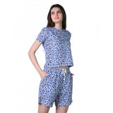 Blue cotton blended printed round neck half sleeve top-shorts set, vibrant patterns for women's casual wear