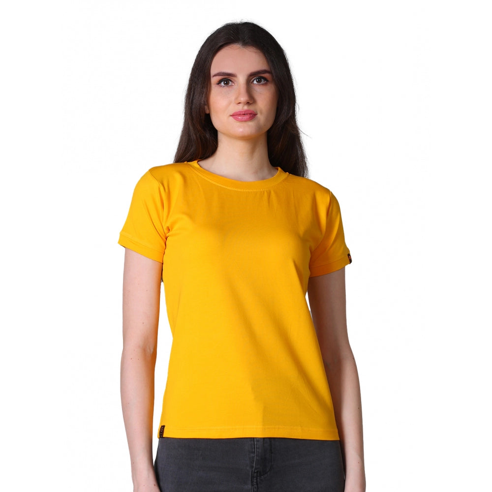 Mustard cotton-blend women's half sleeve round neck T-shirt - solid design