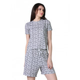 Off-white cotton blended printed round neck half sleeve top-shorts set for women, vibrant pattern on display
