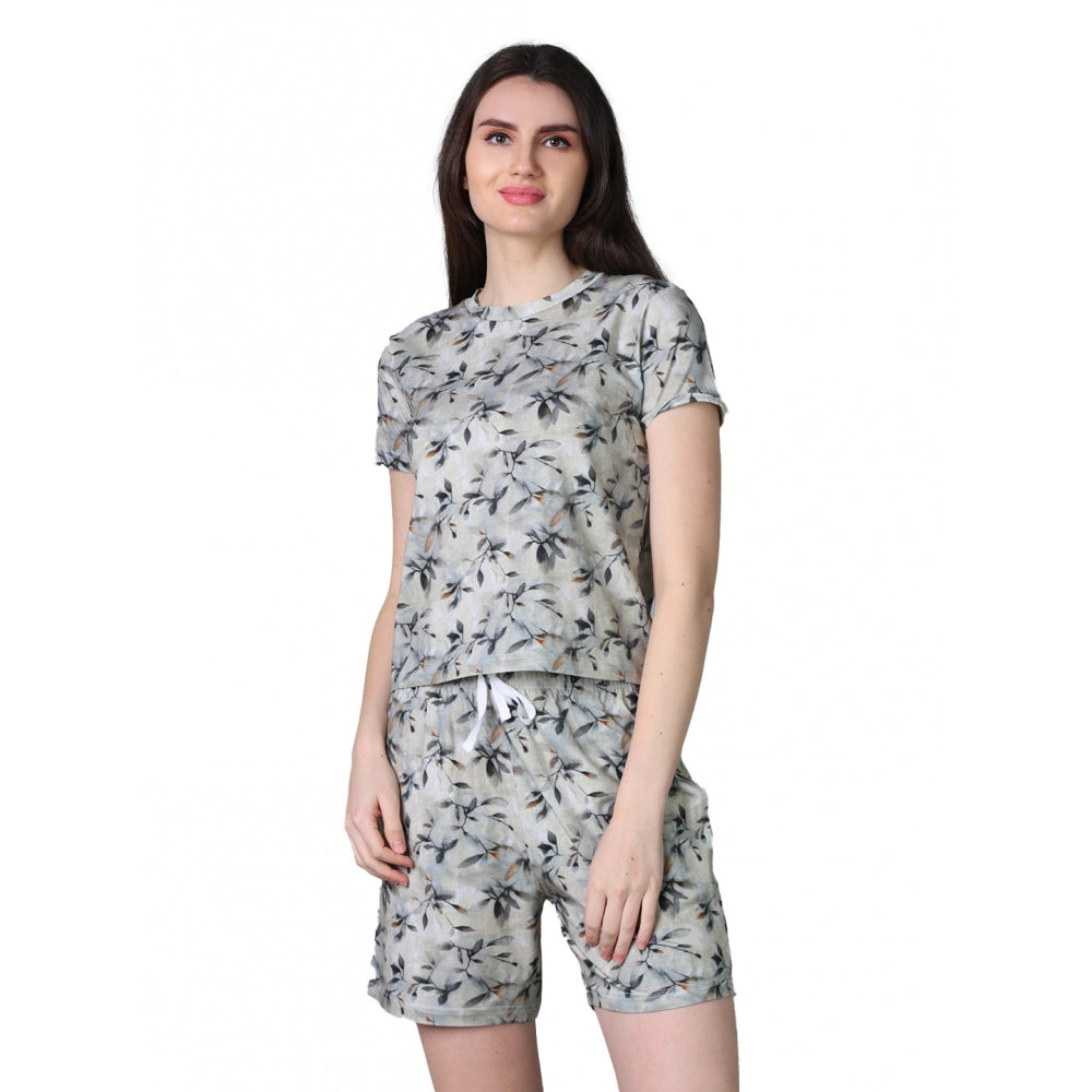 Grey cotton blended printed round neck half sleeve top - shorts set, women's casual wear for summer