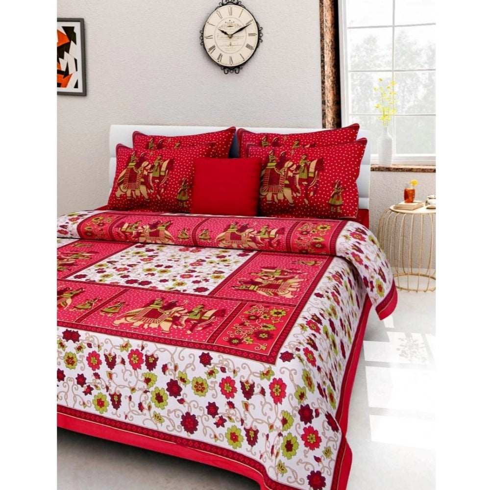 Red cotton printed queen size bedsheet with 2 pillow covers (90x100 inch) on display