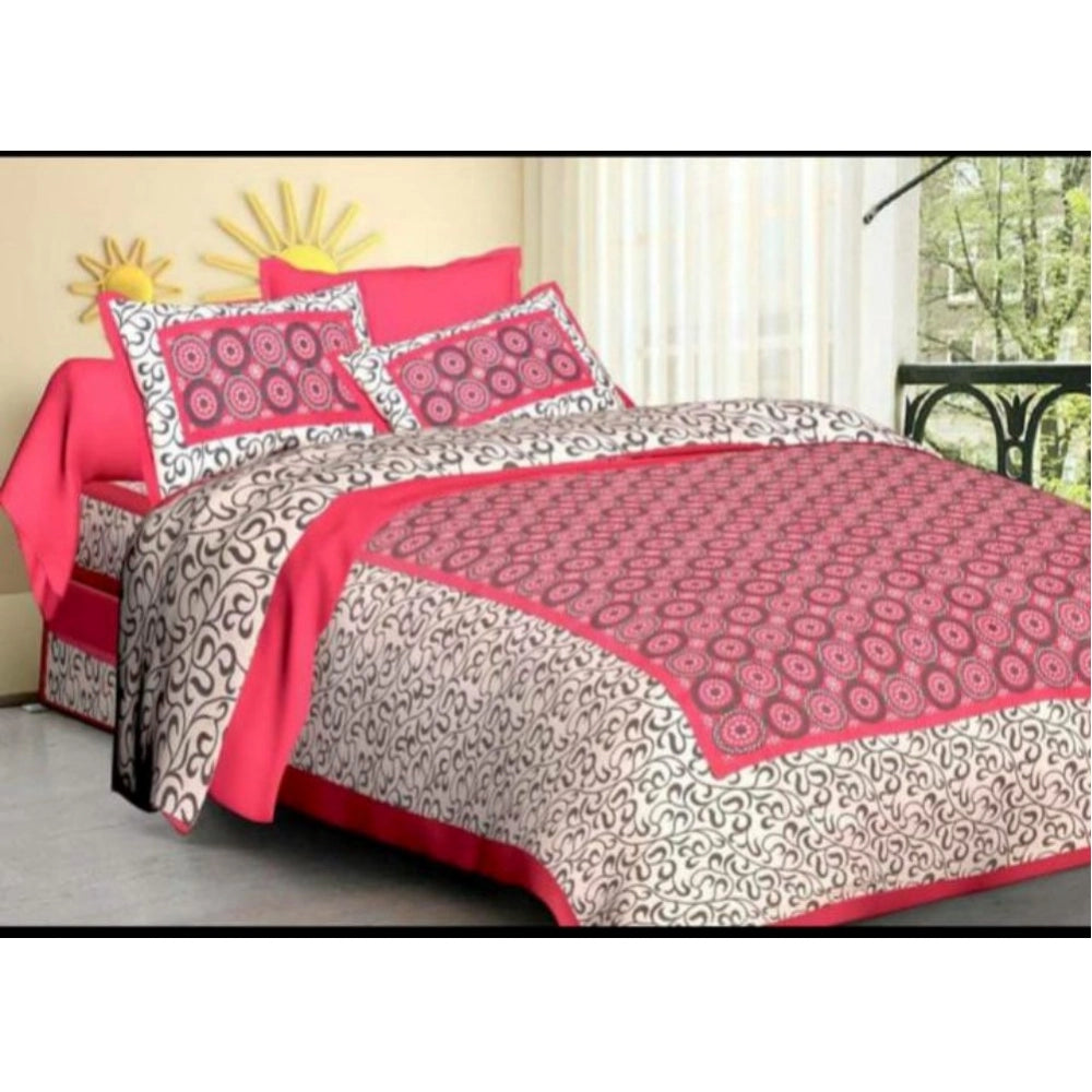 Pink cotton printed queen size bedsheet with 2 pillow covers, 90x100 inch, 160 thread count
