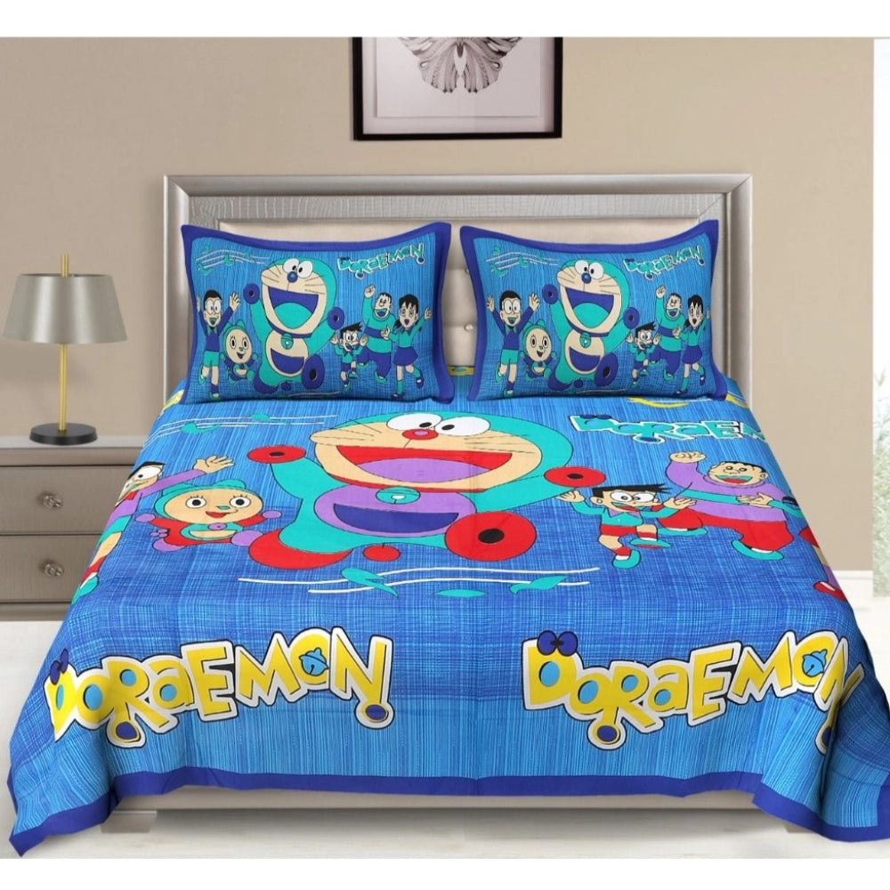 Blue cotton printed queen size bedsheet with 2 pillow covers, 90x100 inch on bed