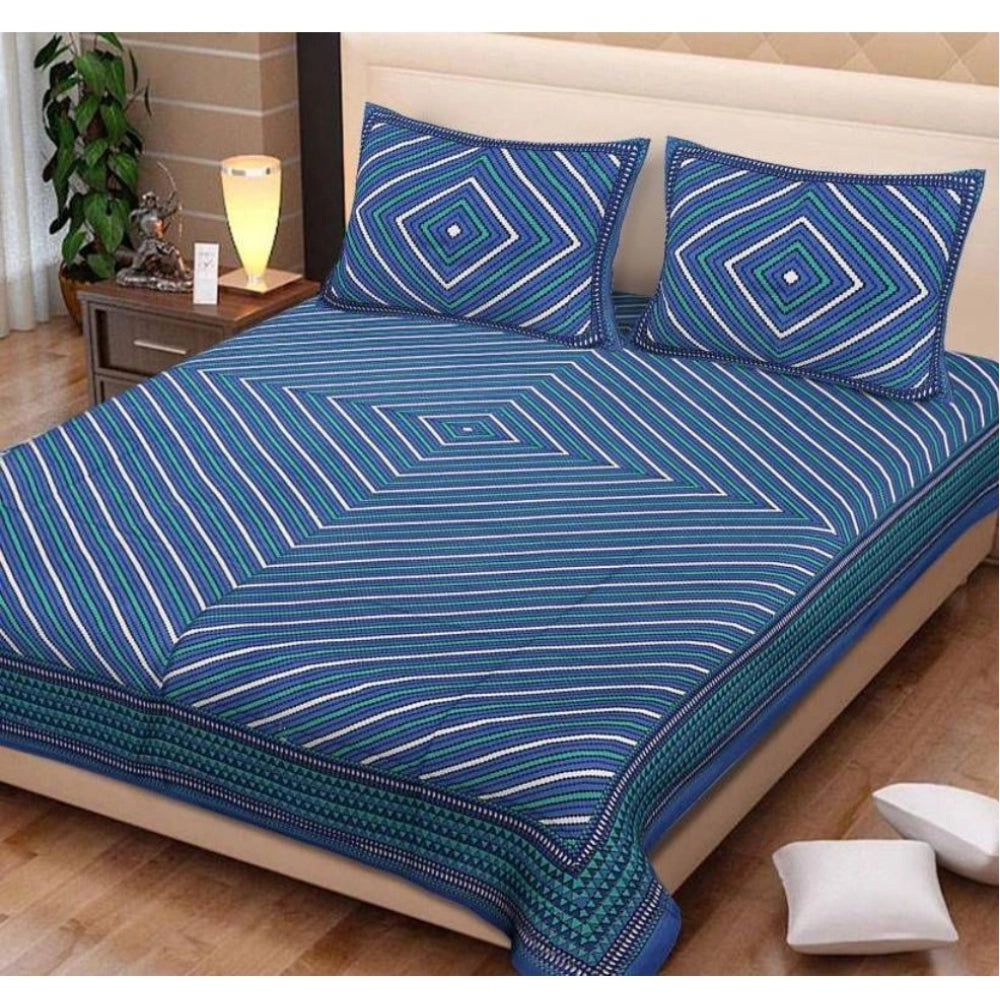 Blue cotton printed queen size bedsheet with two pillow covers (90x100 inches), high-quality detail on display