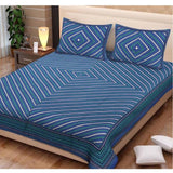 Blue cotton printed queen size bedsheet with 2 pillow covers, high-quality bed linen for a stylish bedroom decor