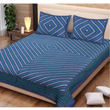 Blue cotton printed queen size bedsheet with two pillow covers (90x100 inches), high-quality detail on display