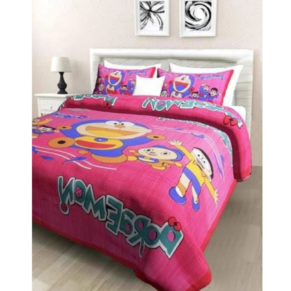Pink cotton printed queen size bedsheet with two pillow covers (90x100 inch)