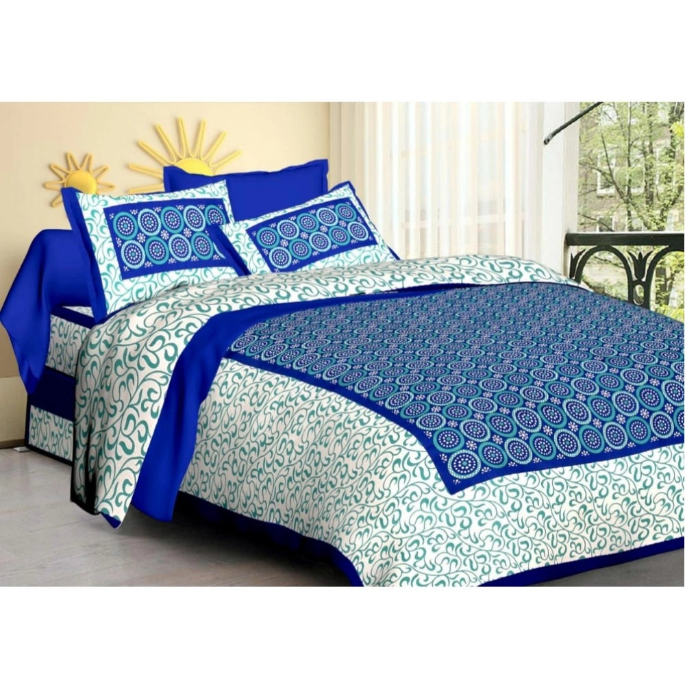 Blue cotton printed queen size bedsheet with 2 pillow covers, 90x100 inch thread count 160 for bedroom decor