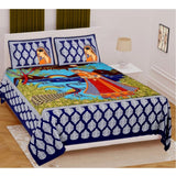 Blue cotton printed queen size bedsheet with two pillow covers, 90x100 inch on a bed