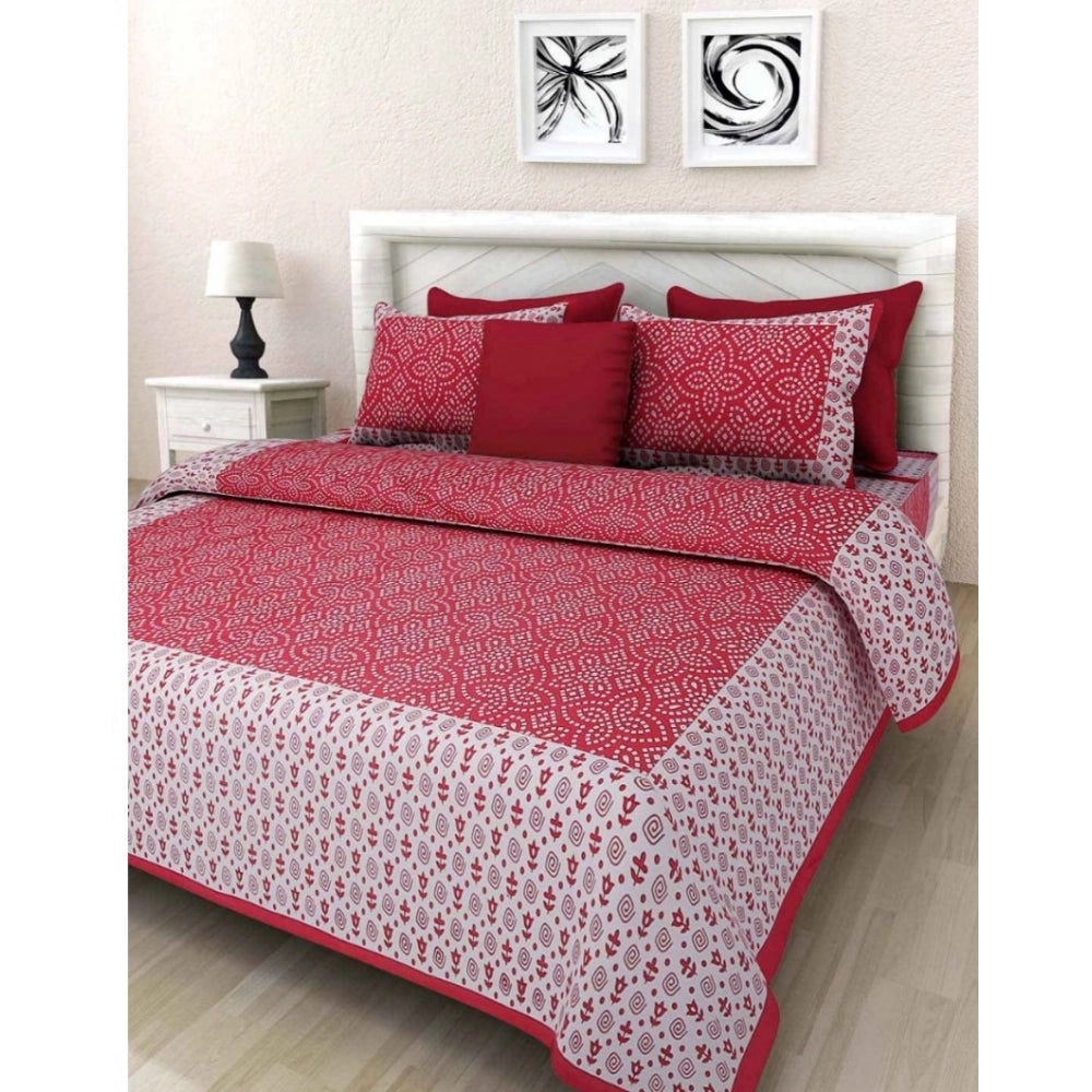 Pink cotton printed queen size bedsheet set with two 160 thread count pillow covers (90x100 inches) on display