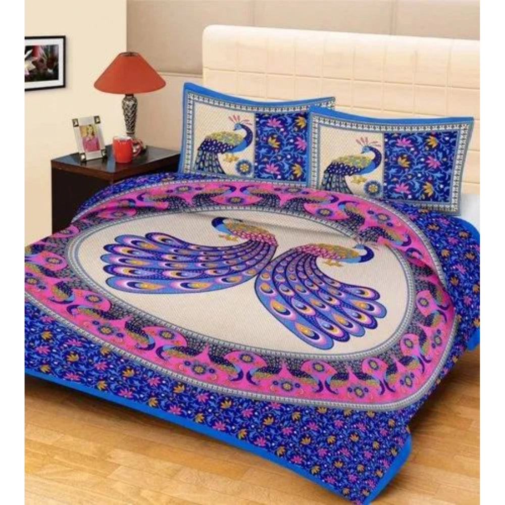 Blue cotton printed queen size bedsheet with 2 pillow covers, 90x100 inch, 160 thread count on bed