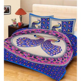Blue cotton printed queen size bedsheet with 2 pillow covers, 90x100 inch, 160 thread count on bed