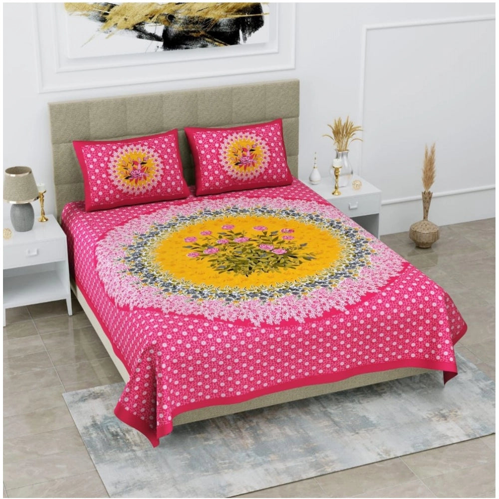 Pink cotton printed queen size bedsheet with 2 pillow covers (90x100 inch), intricate design on soft fabric for bedroom decor
