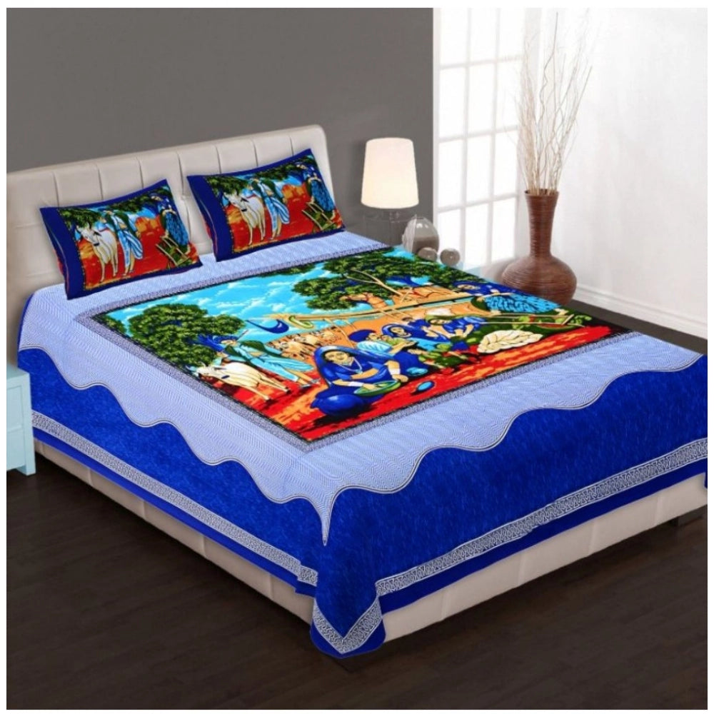 Blue cotton printed queen size bedsheet set with two pillow covers, 90x100 inch