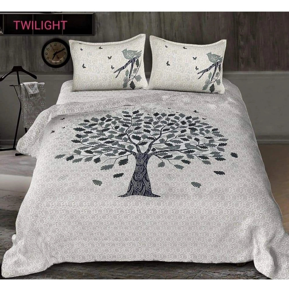 White cotton printed queen size bedsheet with 2 pillow covers (90x100 inch) featuring vibrant patterns, ideal for a cozy bedroom setting