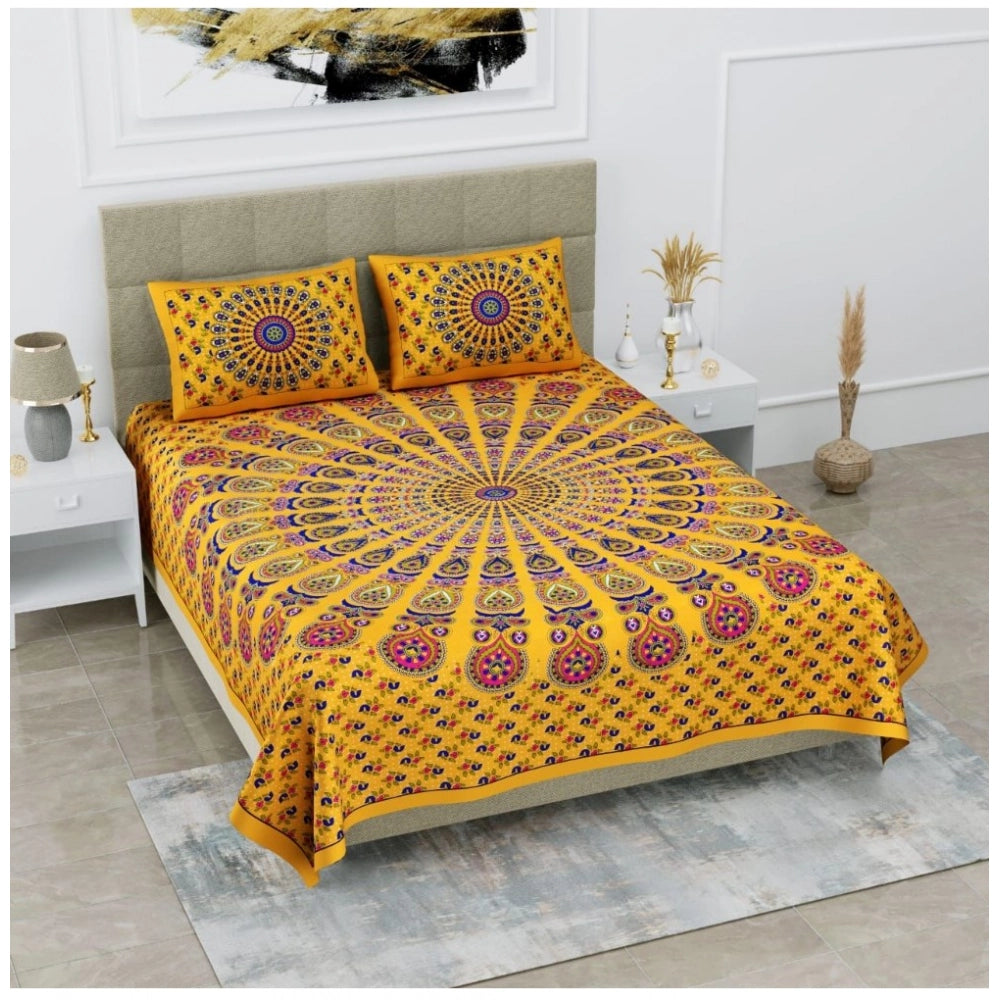 Yellow cotton printed queen size bedsheet set with 2 pillow covers, 90x100 inch
