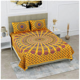 Yellow cotton printed queen size bedsheet set with 2 pillow covers, 90x100 inch