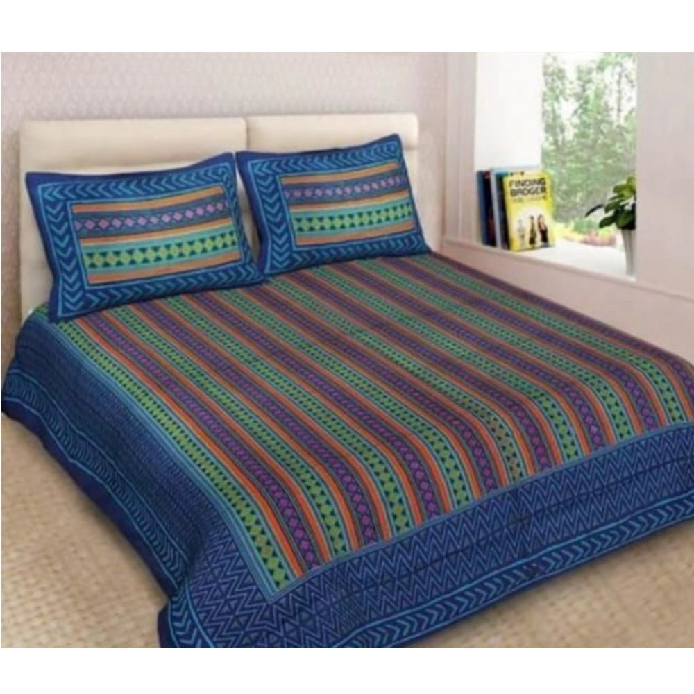 Blue cotton printed queen size bedsheet with 2 pillow covers, 90x100 inch, 160 thread count