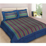 Blue cotton printed queen size bedsheet with 2 pillow covers, 90x100 inch, 160 thread count