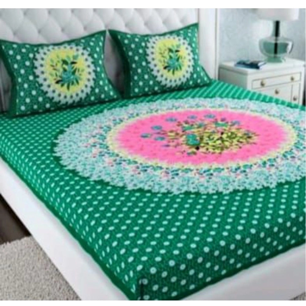 Green cotton printed queen size bedsheet with 2 pillow covers, 90x100 inch, high thread count (160) for comfortable sleep