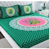 Green cotton printed queen size bedsheet with 2 pillow covers, 90x100 inch, high thread count (160) for comfortable sleep