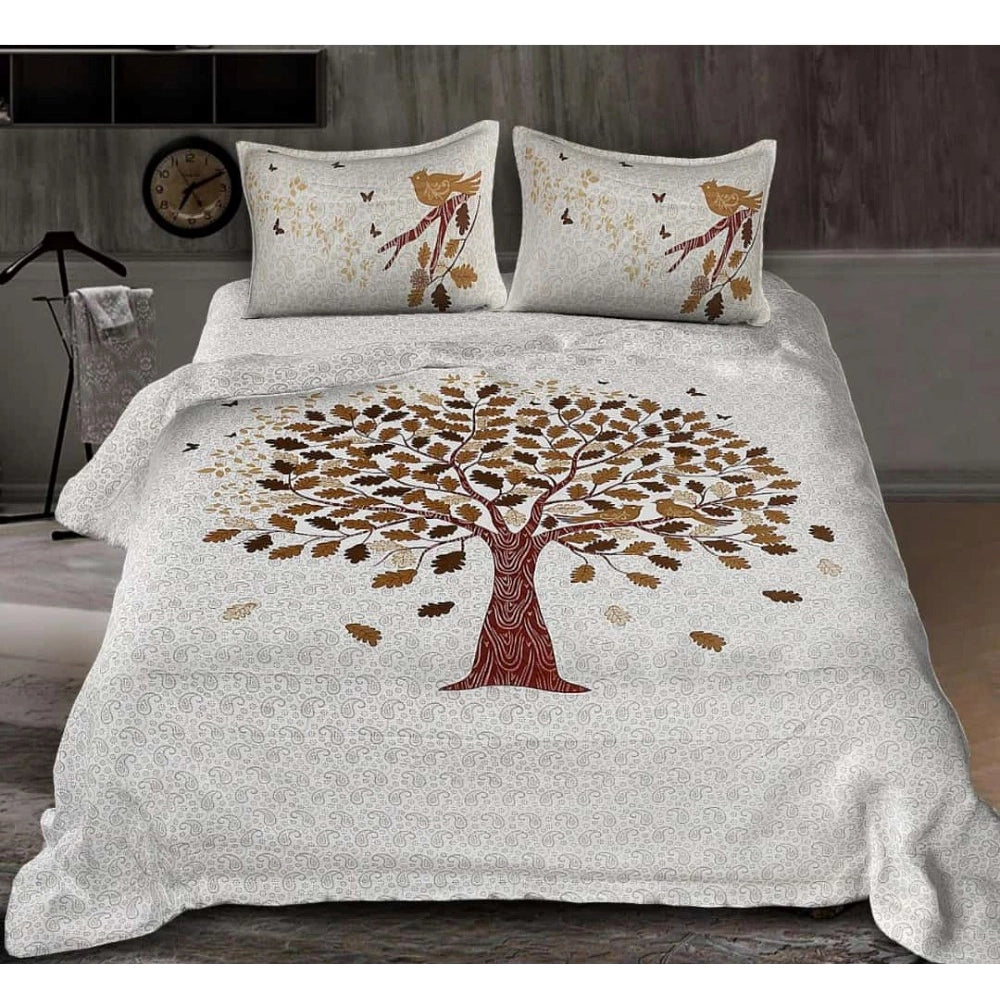 Cotton printed white queen size bedsheet with 2 pillow covers, 90x100 inch, high-quality thread count 160