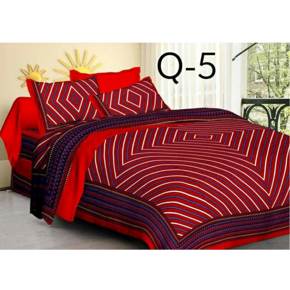 Red cotton printed queen size bedsheet with 2 pillow covers (90x100 inch) on bed