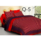 Red cotton printed queen size bedsheet with 2 pillow covers (90x100 inch) on bed