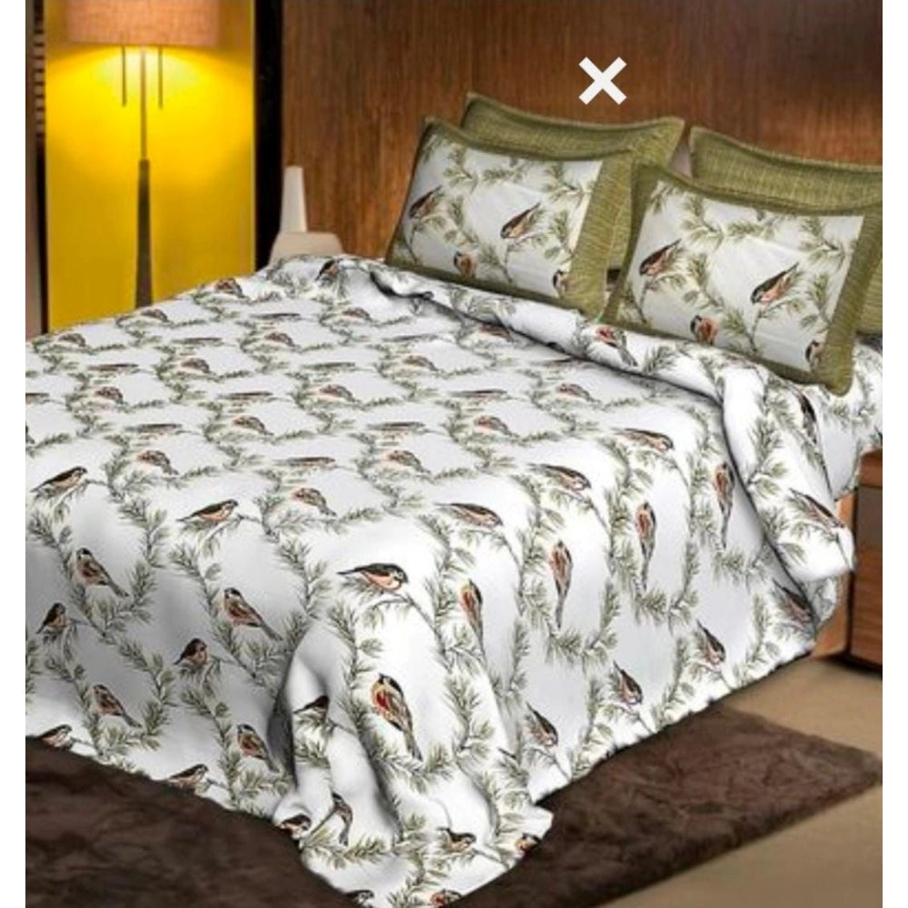 Cotton printed queen size bedsheet with 2 pillow covers, white (160 thread count) on bed