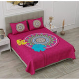 Pink cotton printed queen size bedsheet with 2 pillow covers (90x100 inch) on a bed