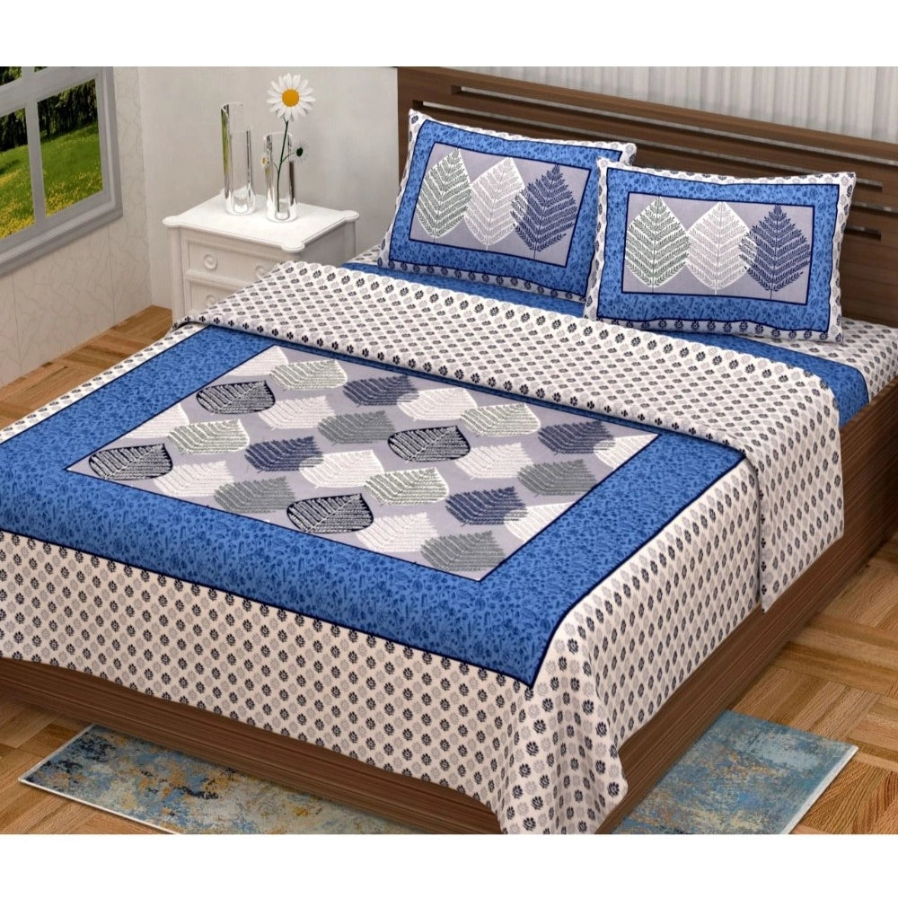 Blue cotton printed queen size bedsheet set with two pillow covers (90x100 inch)