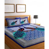 Blue cotton printed queen size bedsheet with 2 pillow covers (90x100 inch) for home decor, showing soft blue floral pattern on bed and matching pillow covers