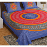 Blue cotton printed queen size bedsheet with 2 pillow covers, 90x100 inch on bed