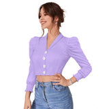 Purple polyester puff sleeve top with lapel collar - women's solid style for fashionable outfits