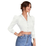 White polyester puff sleeves top with lapel collar, solid design for women's casual wear