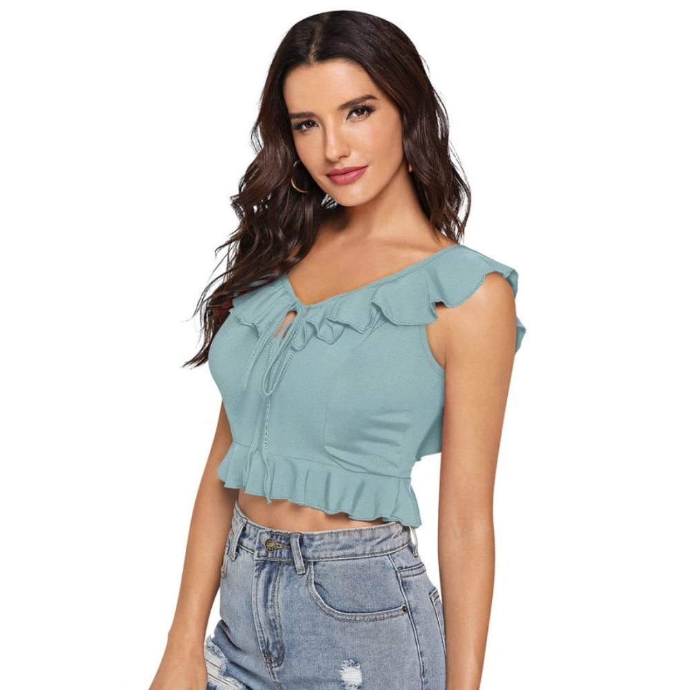 Pista polyester solid sleeveless ruffle neck top for women, wearable fashion accessory on mannequin