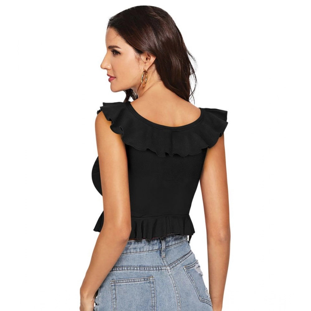 Black polyester sleeveless ruffle neck top for women, solid design with a fashionable flair