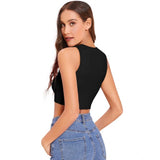 Black polyester sleeveless round neck top, solid design for women's casual wear