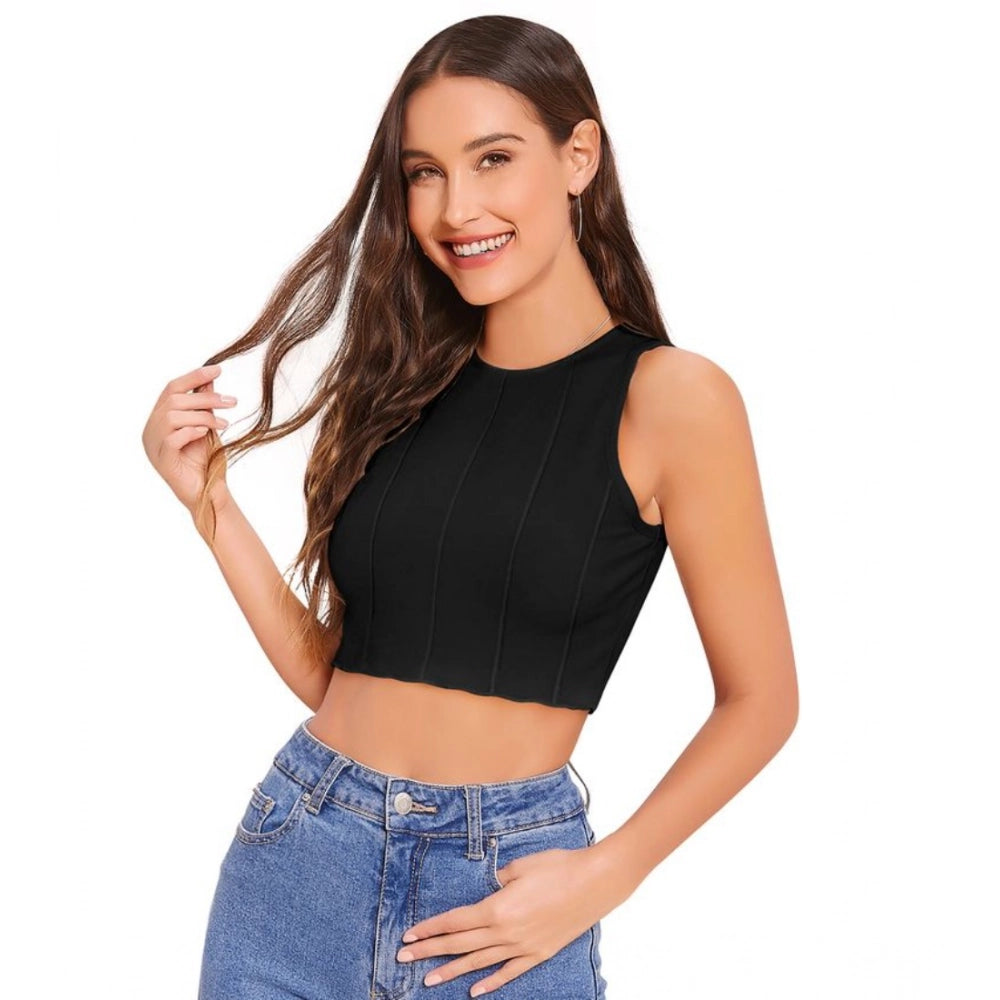 Black polyester sleeveless round neck top, solid design for women's casual wear