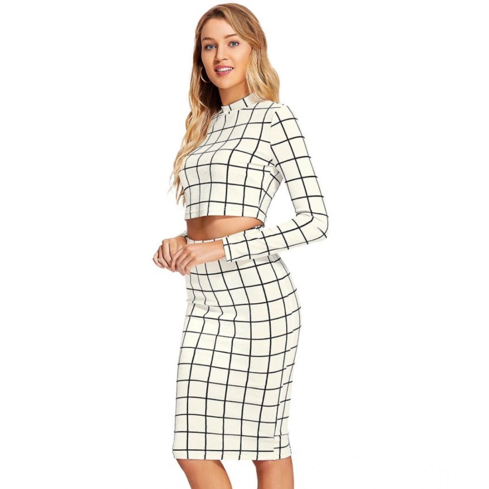 White polyester checkered full sleeves crop top & skirt set for women's fashion, versatile style with stand collar neckline