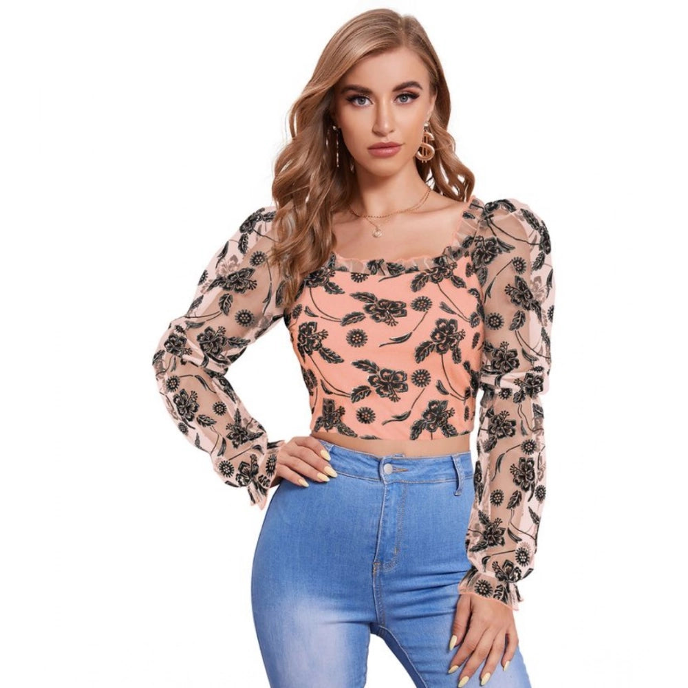 Peach polyester solid full sleeves square collar top for women's fashion