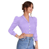 Purple polyester puff sleeves lapel collar top for women's fashion, solid pattern