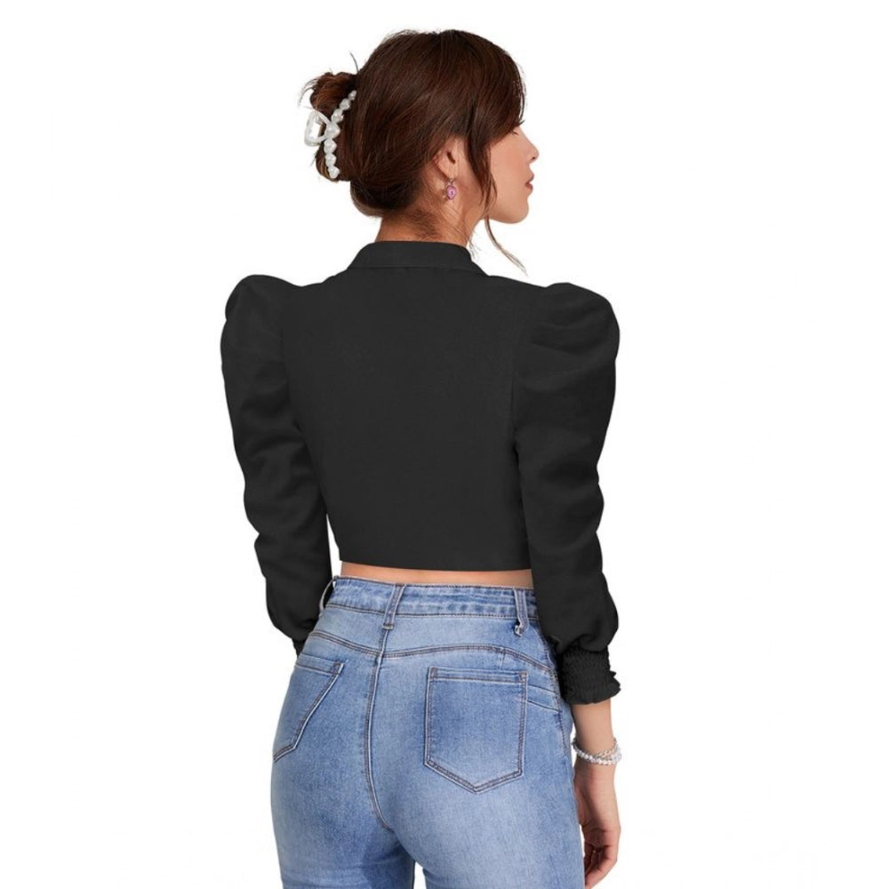 Black polyester puff sleeves top with lapel collar, solid design for women's fashion
